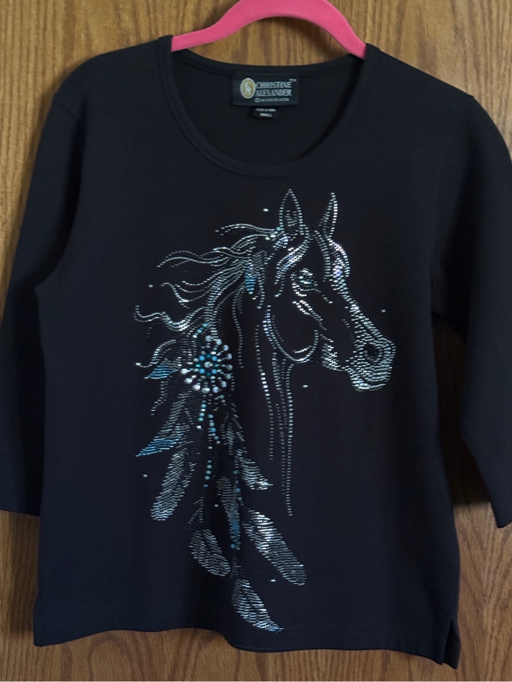 Christine Alexander Studded Rhinestone Black Shirt Horse & Feathers Women's Sz S